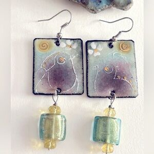 Earrings NWOT Artisan Spring Robins Aqua purple birds enameled Copper art glass